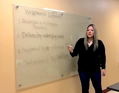 Monica Rodriguez standing at whiteboard giving training